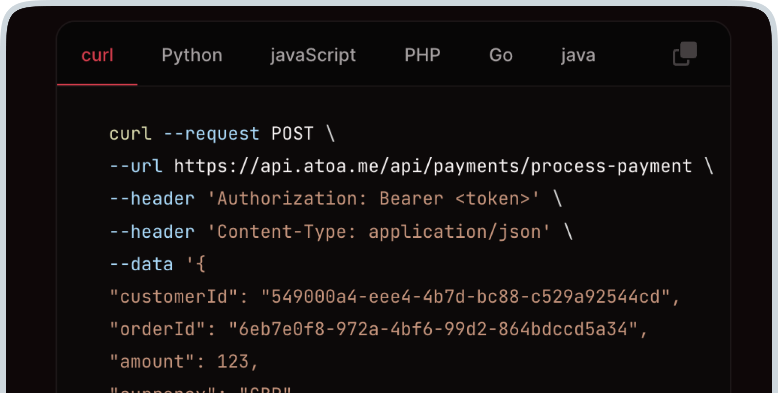 Atoa custom checkout API and SDK integration code example