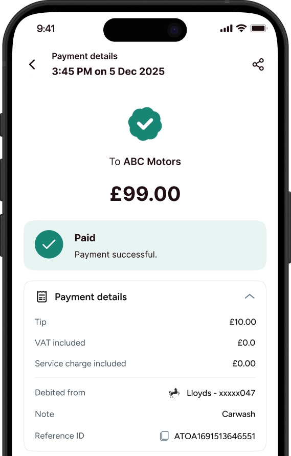 Atoa payment confirmation screen showing successful transaction